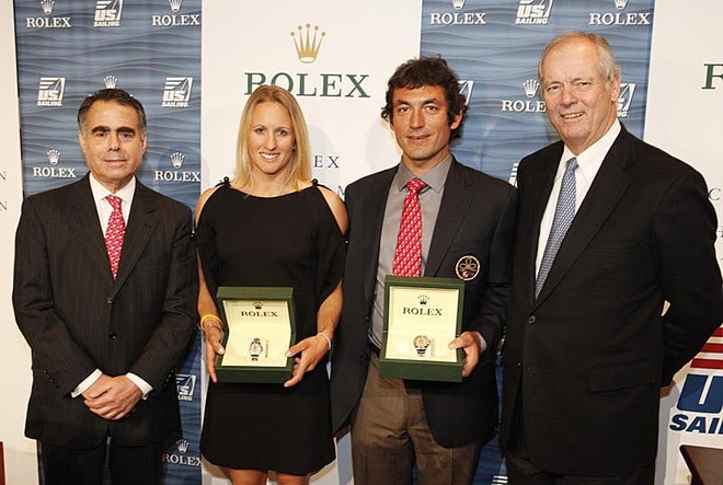 Rolex Watch U.S.A.’s President and CEO Allen Brill, 2009 Rolex Yachtswoman of the Year Anna Tunnicliffe (Plantation, Fla.), 2009 Rolex Yachtsman of the Year Bora Gulari (Detroit, Mich.), US SAILING President Gary Jobson. ©  Rolex / Dan Nerney